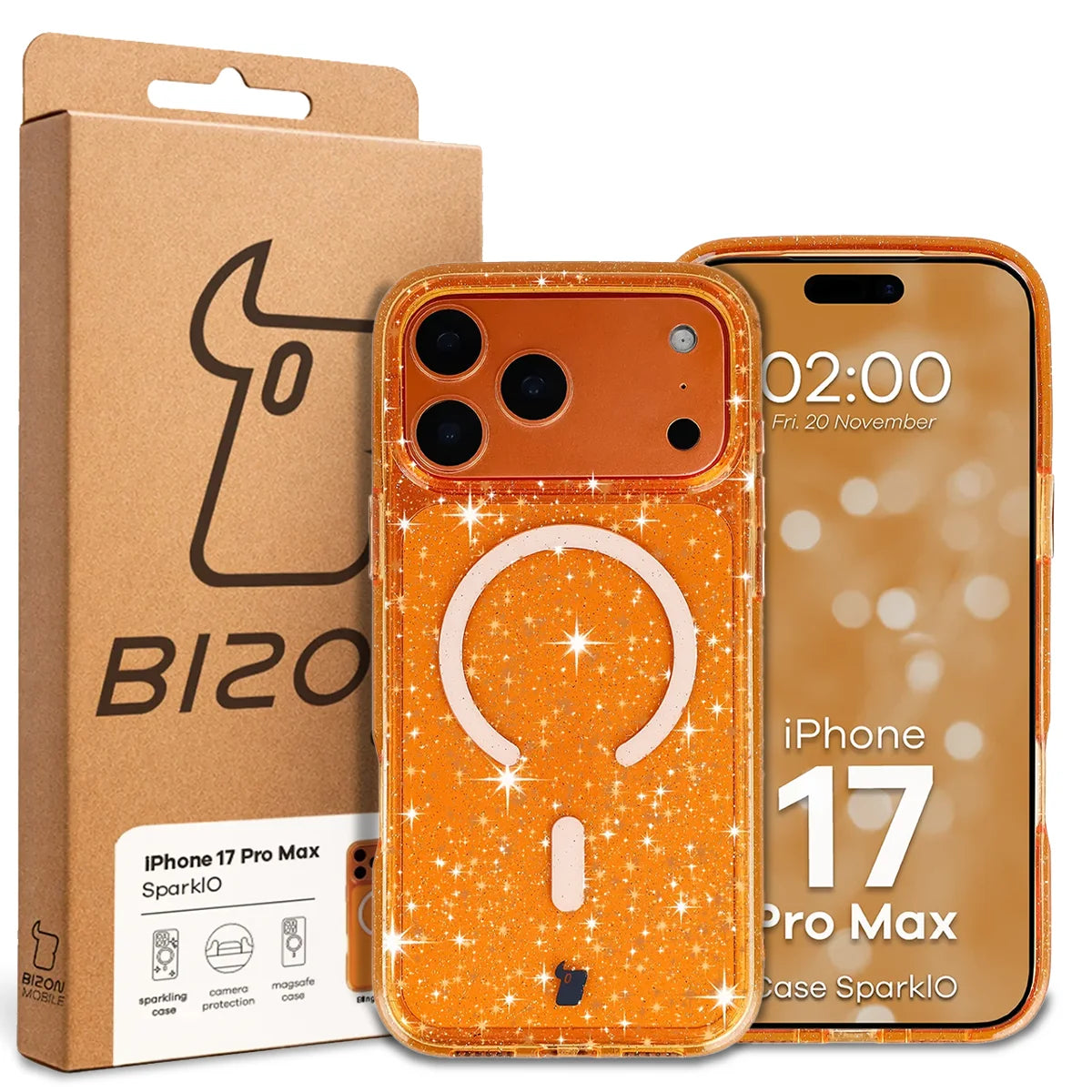 Glitzer Hülle mit Magnetring für iPhone 17 Pro Max, Bizon Case SparklO, Transparent-Orange mit Glitzer