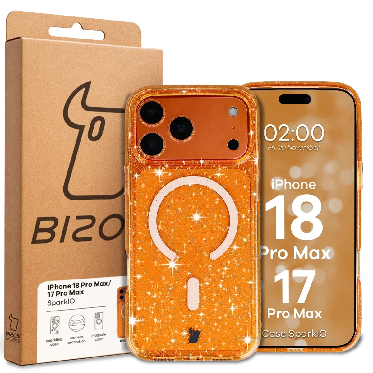 Glitzer Hülle mit Magnetring für iPhone 18 Pro Max / 17 Pro Max, Bizon Case SparklO, Transparent-Orange mit Glitzer