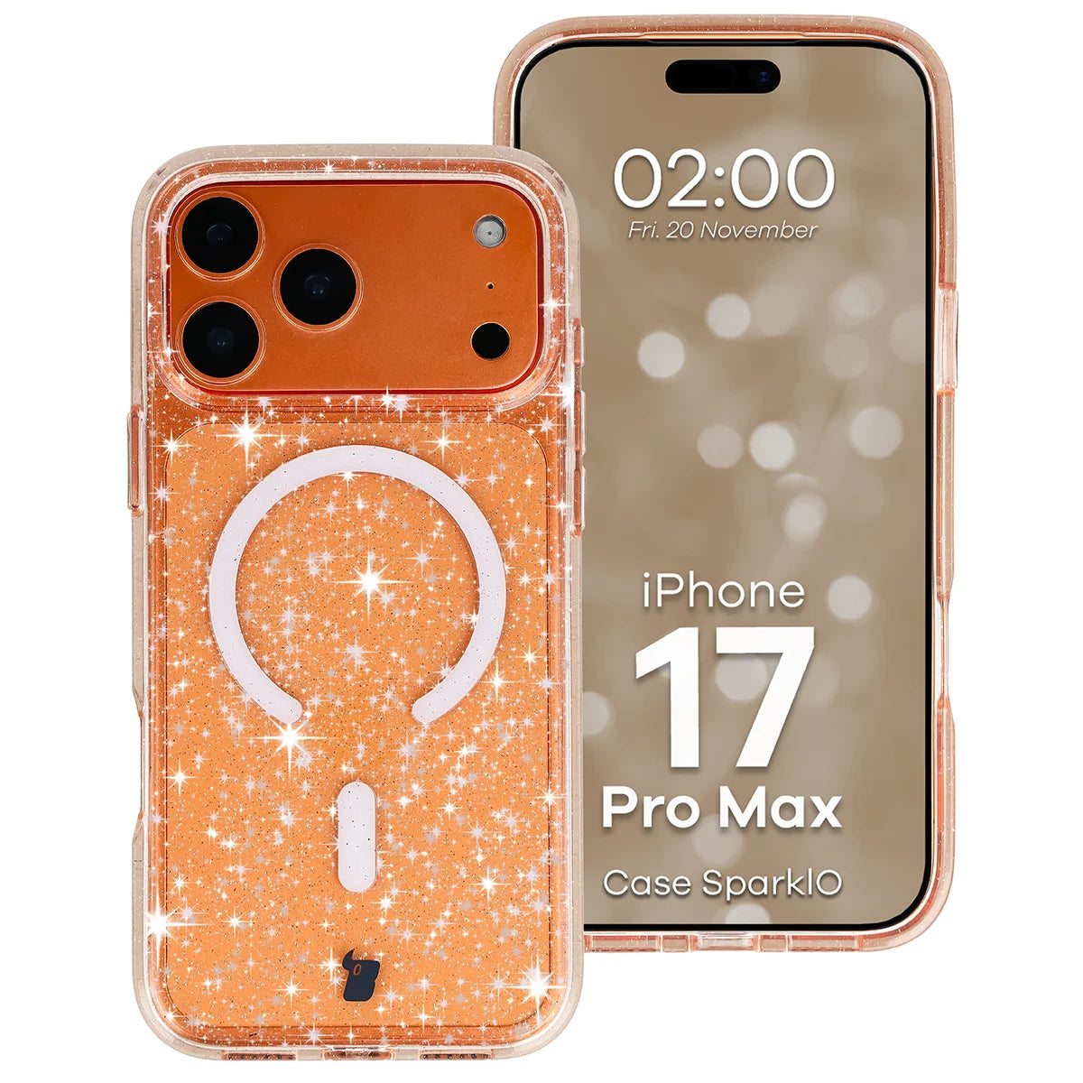 Glitzer Hülle mit Magnetring für iPhone 17 Pro Max, Bizon Case SparklO, Transparent-Hellorange mit Glitzer