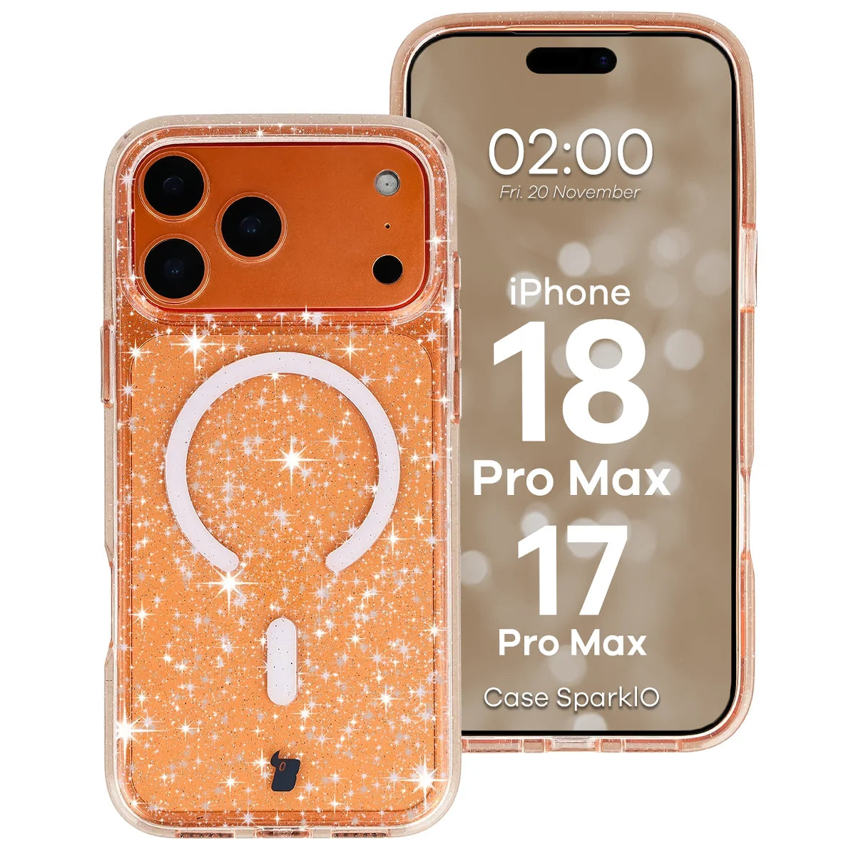 Glitzer Hülle mit Magnetring für iPhone 18 Pro Max / 17 Pro Max, Bizon Case SparklO, Transparent-Hellorange mit Glitzer