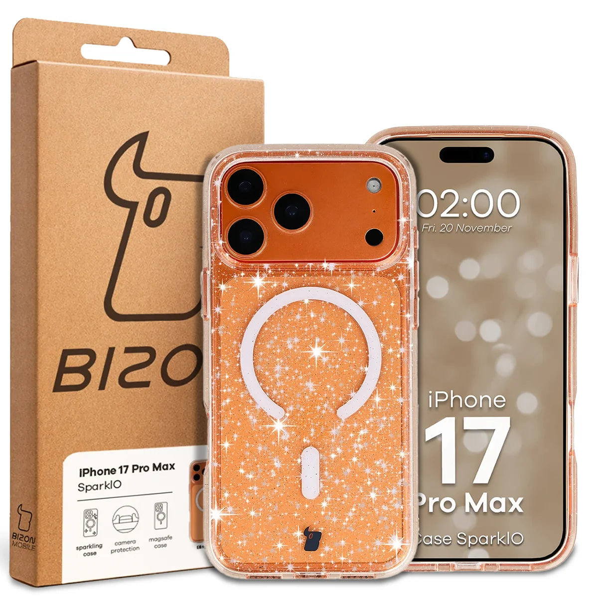 Glitzer Hülle mit Magnetring für iPhone 17 Pro Max, Bizon Case SparklO, Transparent-Hellorange mit Glitzer