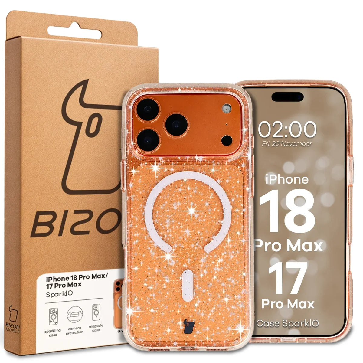 Glitzer Hülle mit Magnetring für iPhone 18 Pro Max / 17 Pro Max, Bizon Case SparklO, Transparent-Hellorange mit Glitzer