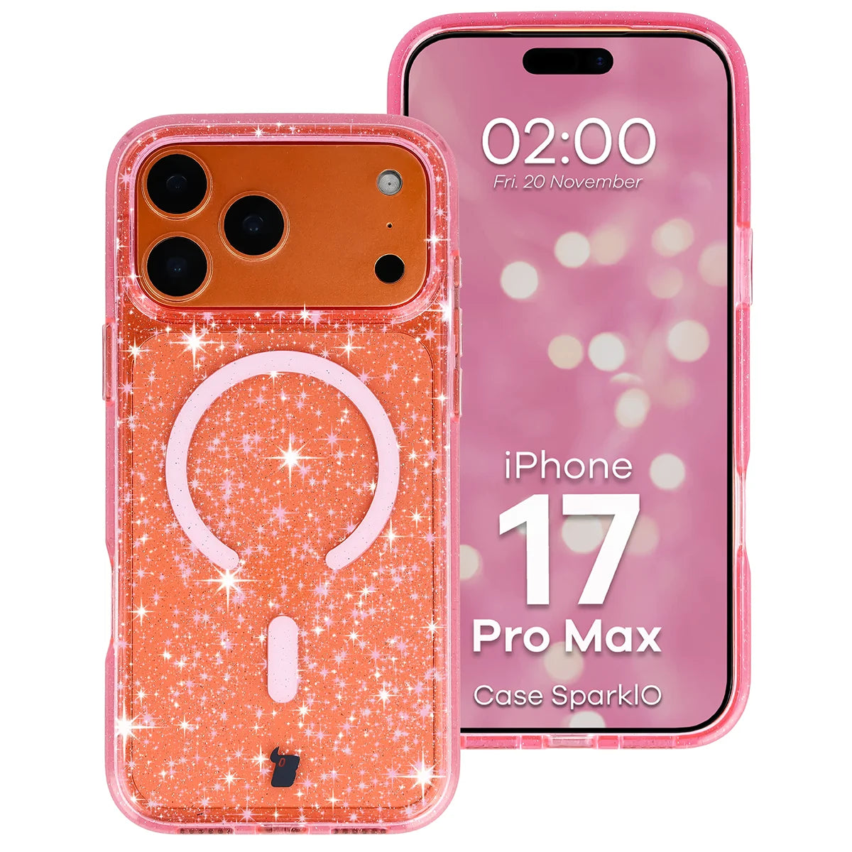 Glitzer Hülle mit Magnetring für iPhone 17 Pro Max, Bizon Case SparklO, Transparent-Rosa mit Glitzer