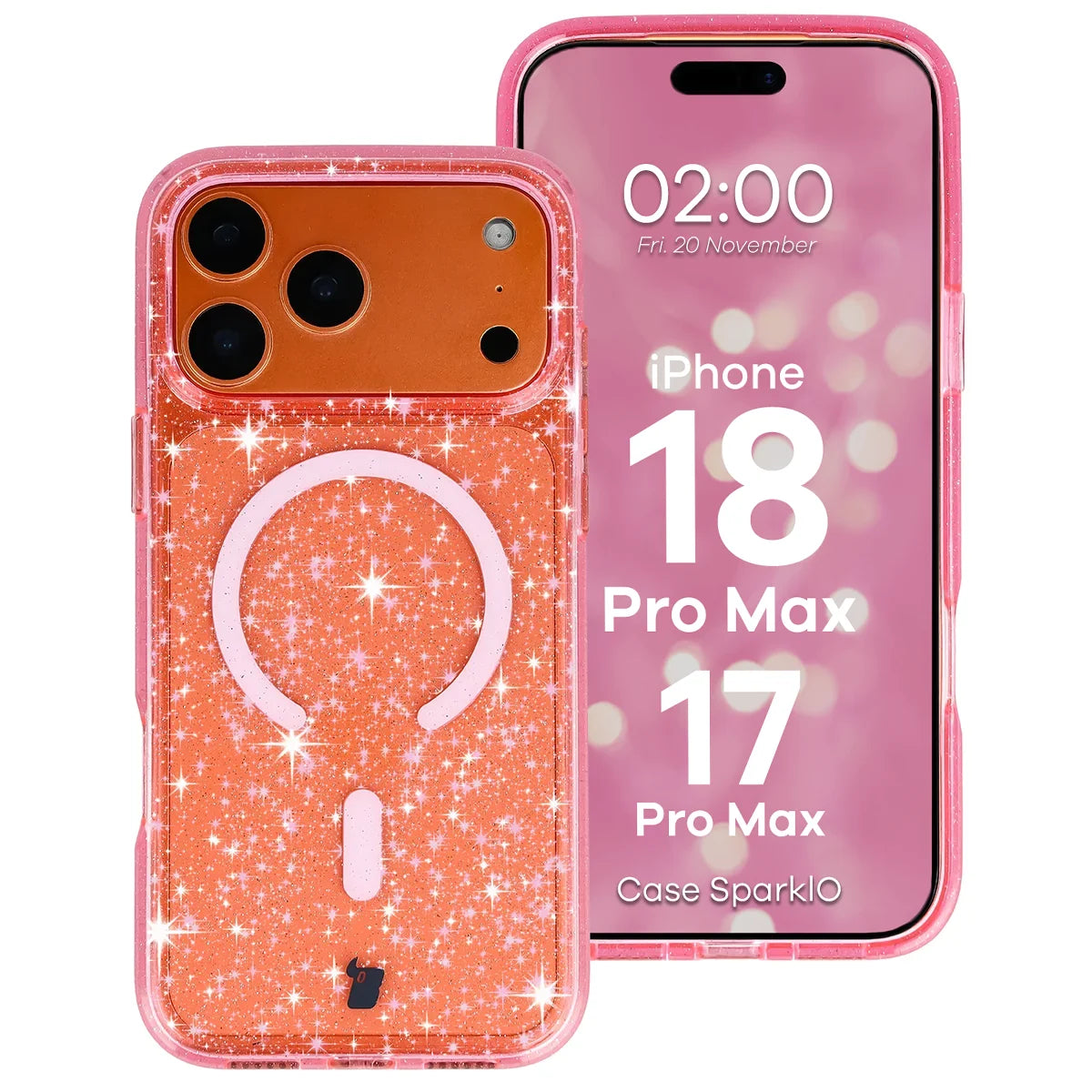Glitzer Hülle mit Magnetring für iPhone 18 Pro Max / 17 Pro Max, Bizon Case SparklO, Transparent-Rosa mit Glitzer