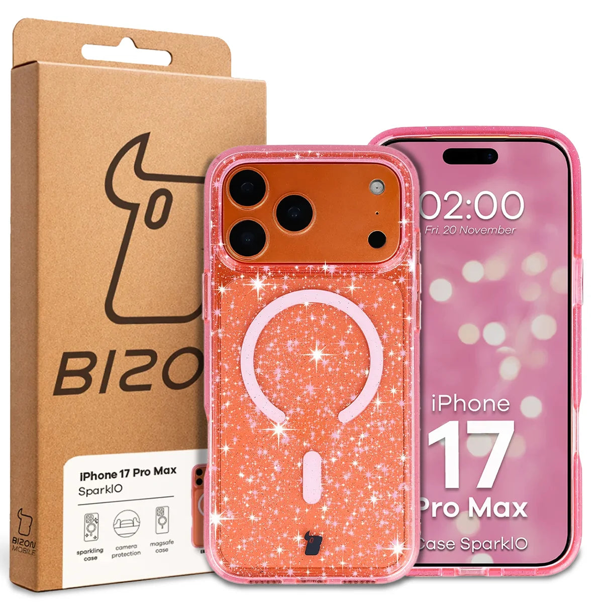 Glitzer Hülle mit Magnetring für iPhone 17 Pro Max, Bizon Case SparklO, Transparent-Rosa mit Glitzer