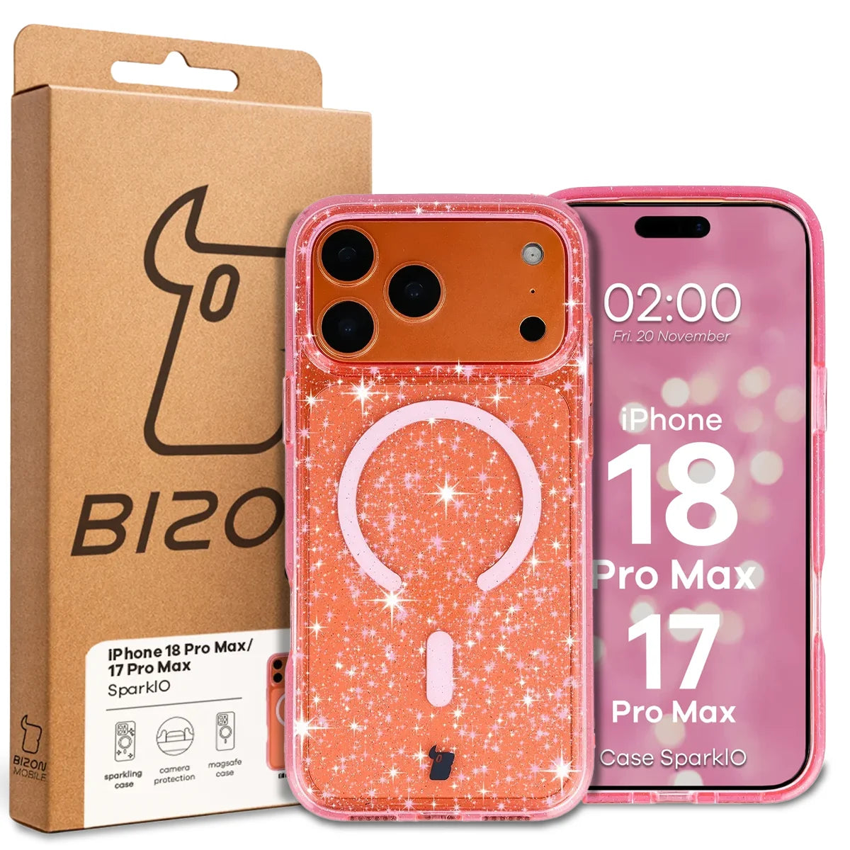 Glitzer Hülle mit Magnetring für iPhone 18 Pro Max / 17 Pro Max, Bizon Case SparklO, Transparent-Rosa mit Glitzer