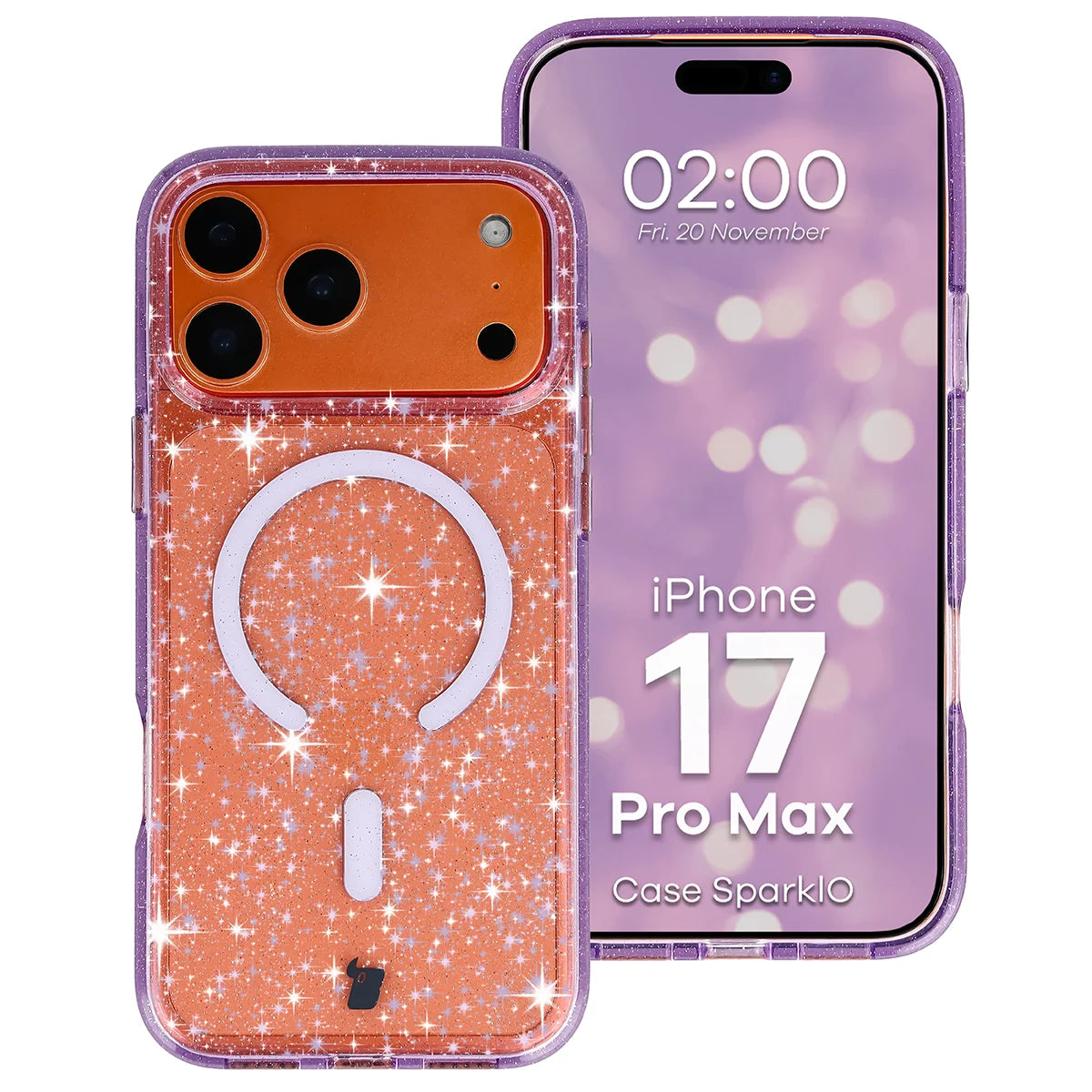 Glitzer Hülle mit Magnetring für iPhone 17 Pro Max, Bizon Case SparklO, Transparent-Violet mit Glitzer