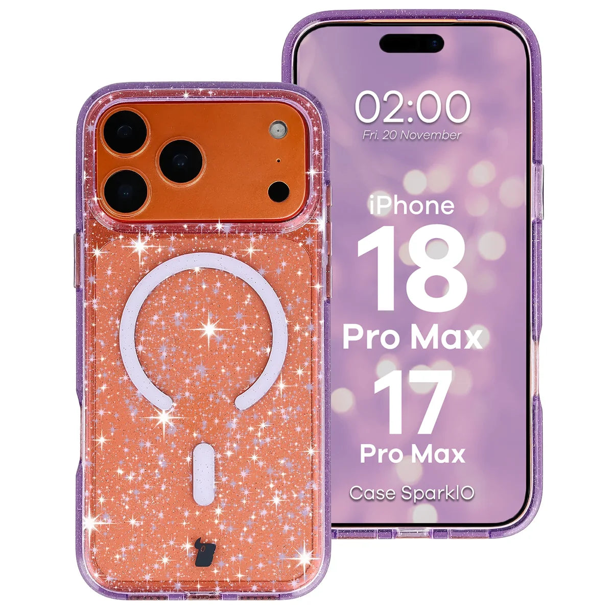 Glitzer Hülle mit Magnetring für iPhone 18 Pro Max / 17 Pro Max, Bizon Case SparklO, Transparent-Violet mit Glitzer