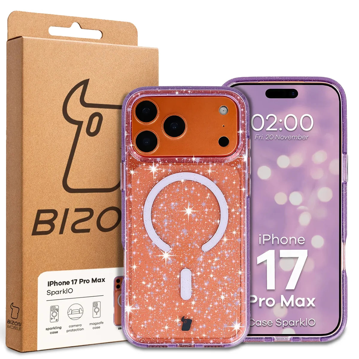 Glitzer Hülle mit Magnetring für iPhone 17 Pro Max, Bizon Case SparklO, Transparent-Violet mit Glitzer