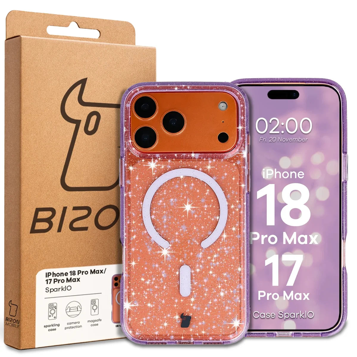 Glitzer Hülle mit Magnetring für iPhone 18 Pro Max / 17 Pro Max, Bizon Case SparklO, Transparent-Violet mit Glitzer
