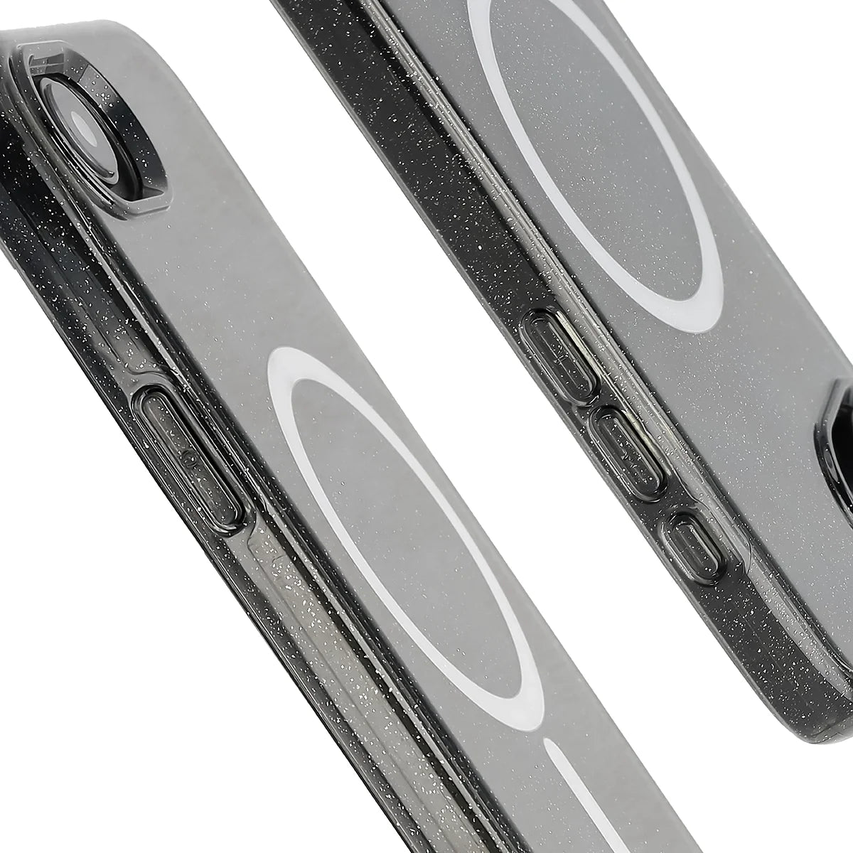 Glitzer Hülle mit Magnetring für iPhone 17e / 16e, Bizon Case SparklO, Transparent-Schwarz mit Glitzer