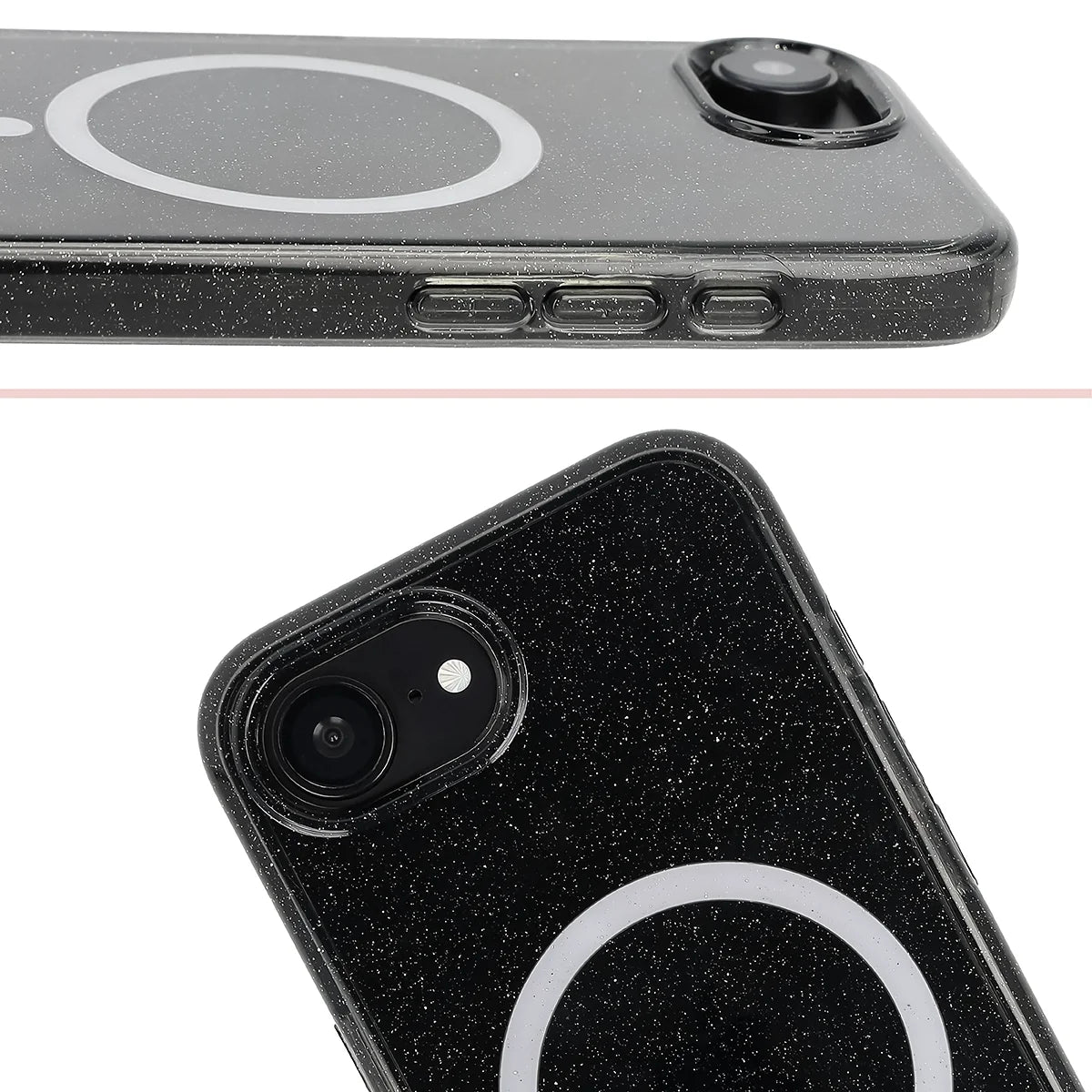 Glitzer Hülle mit Magnetring für iPhone 17e / 16e, Bizon Case SparklO, Transparent-Schwarz mit Glitzer
