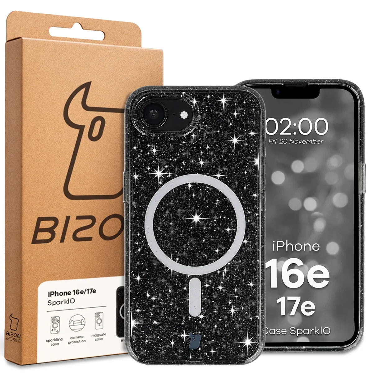 Glitzer Hülle mit Magnetring für iPhone 17e / 16e, Bizon Case SparklO, Transparent-Schwarz mit Glitzer