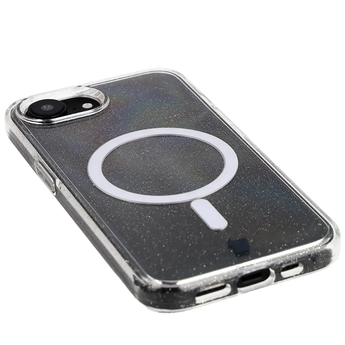 Glitzer Hülle mit Magnetring für iPhone 17e / 16e, Bizon Case SparklO, Transparent mit Glitzer