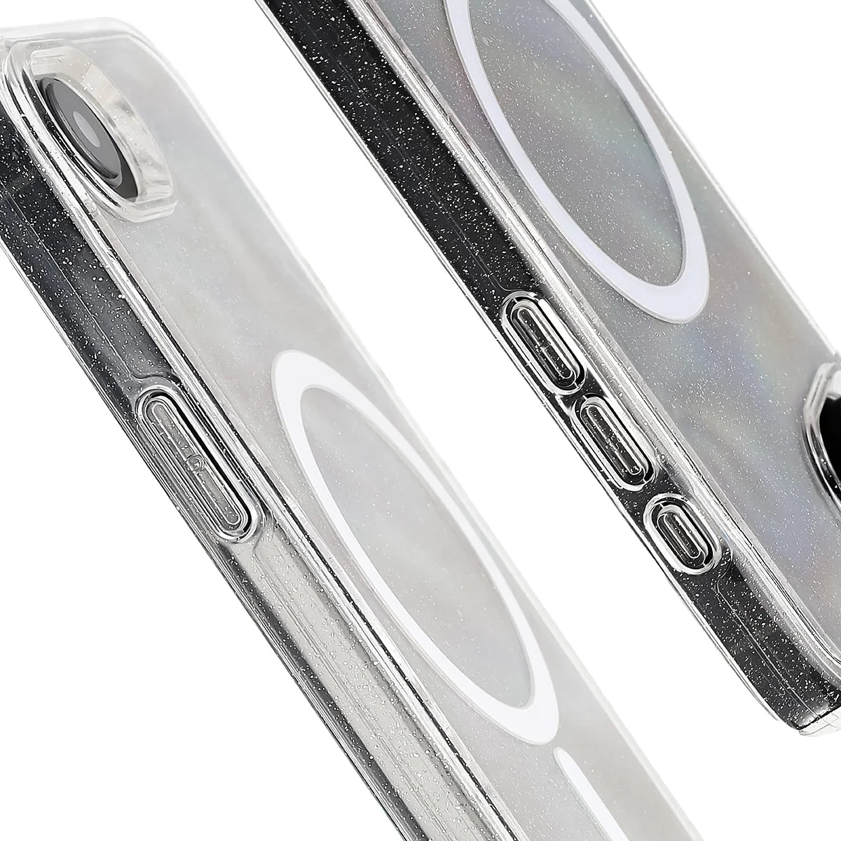 Glitzer Hülle mit Magnetring für iPhone 17e / 16e, Bizon Case SparklO, Transparent mit Glitzer