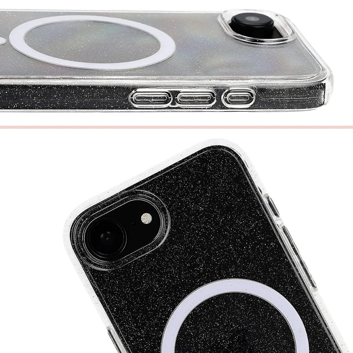 Glitzer Hülle mit Magnetring für iPhone 17e / 16e, Bizon Case SparklO, Transparent mit Glitzer