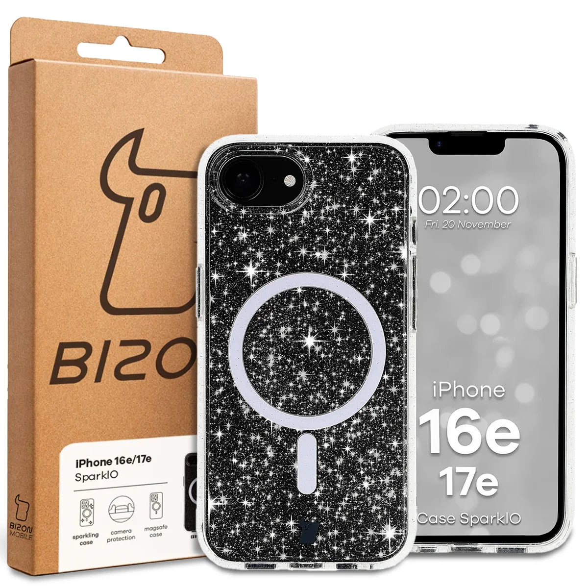 Glitzer Hülle mit Magnetring für iPhone 17e / 16e, Bizon Case SparklO, Transparent mit Glitzer
