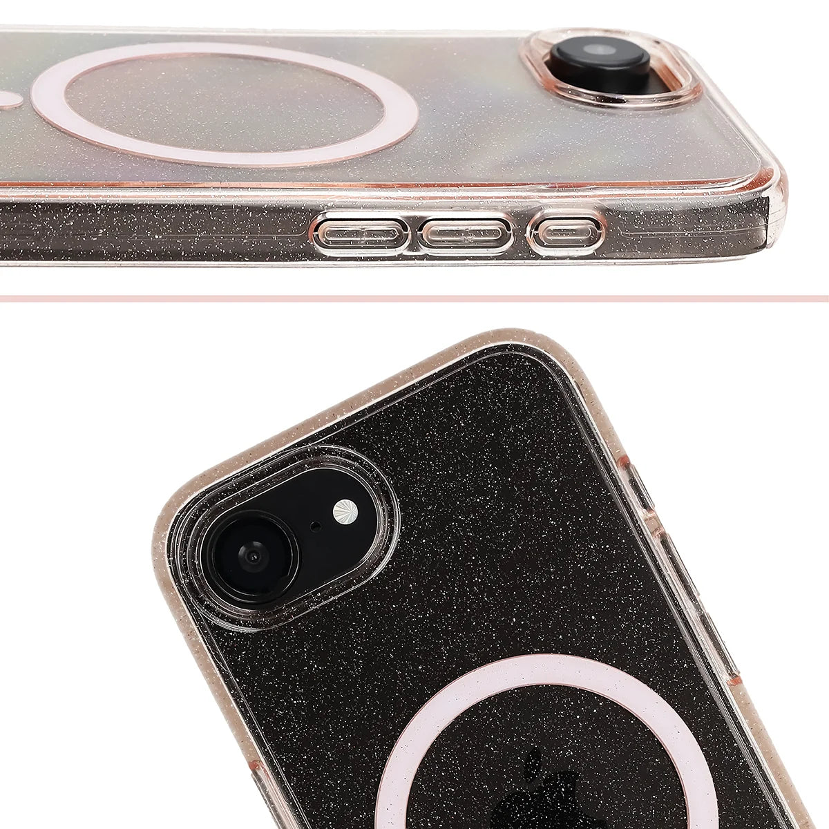 Glitzer Hülle mit Magnetring für iPhone 17e / 16e, Bizon Case SparklO, Transparent-Hellorange mit Glitzer