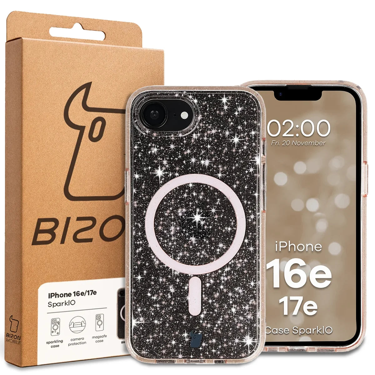 Glitzer Hülle mit Magnetring für iPhone 17e / 16e, Bizon Case SparklO, Transparent-Hellorange mit Glitzer