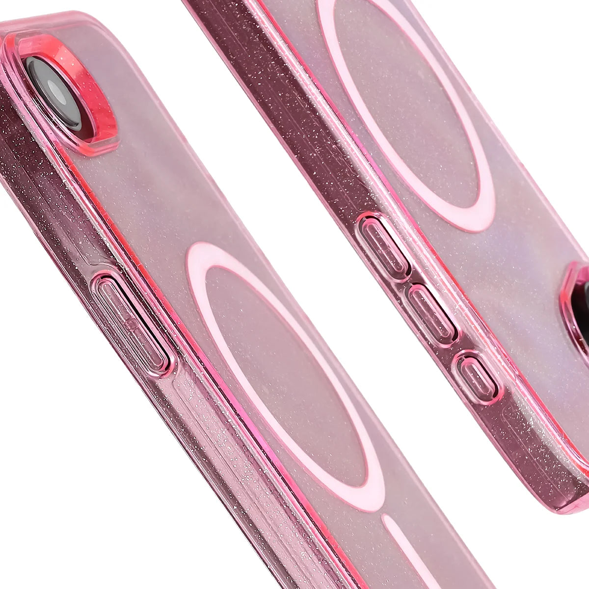 Glitzer Hülle mit Magnetring für iPhone 17e / 16e, Bizon Case SparklO, Transparent-Rosa mit Glitzer
