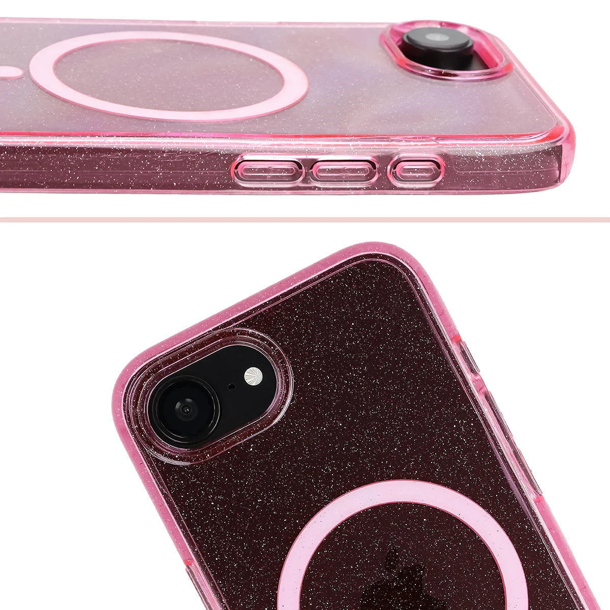 Glitzer Hülle mit Magnetring für iPhone 17e / 16e, Bizon Case SparklO, Transparent-Rosa mit Glitzer