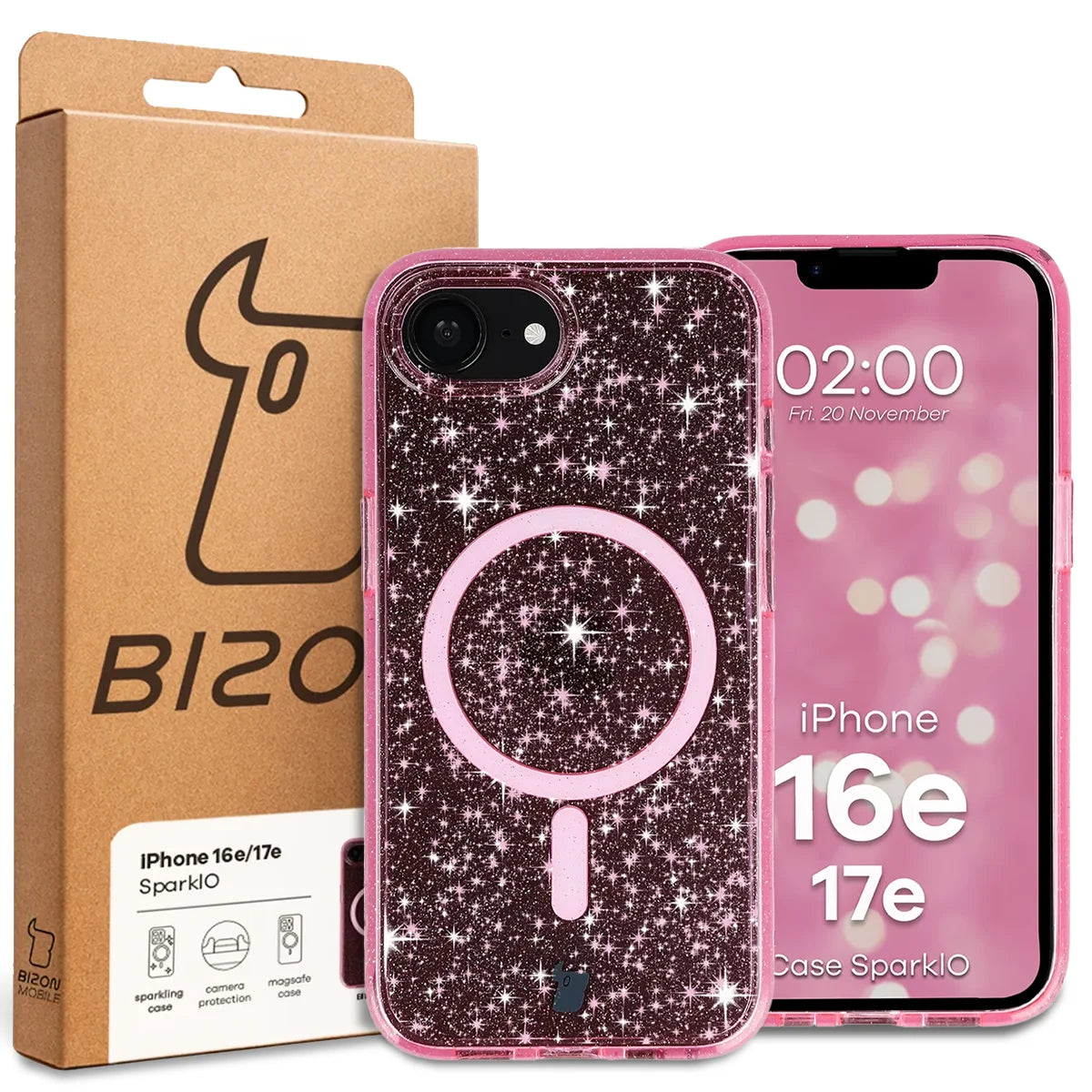 Glitzer Hülle mit Magnetring für iPhone 17e / 16e, Bizon Case SparklO, Transparent-Rosa mit Glitzer