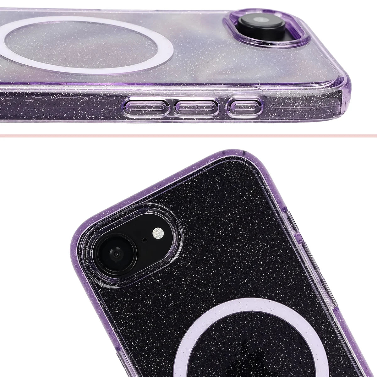 Glitzer Hülle mit Magnetring für iPhone 17e / 16e, Bizon Case SparklO, Transparent-Violet mit Glitzer