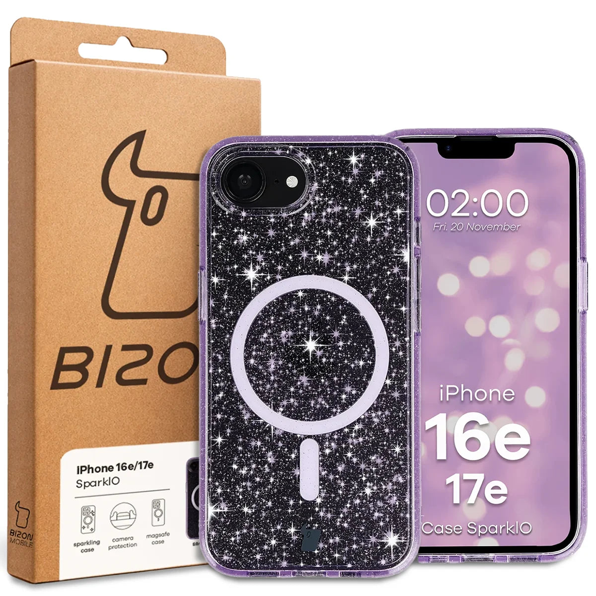Glitzer Hülle mit Magnetring für iPhone 17e / 16e, Bizon Case SparklO, Transparent-Violet mit Glitzer