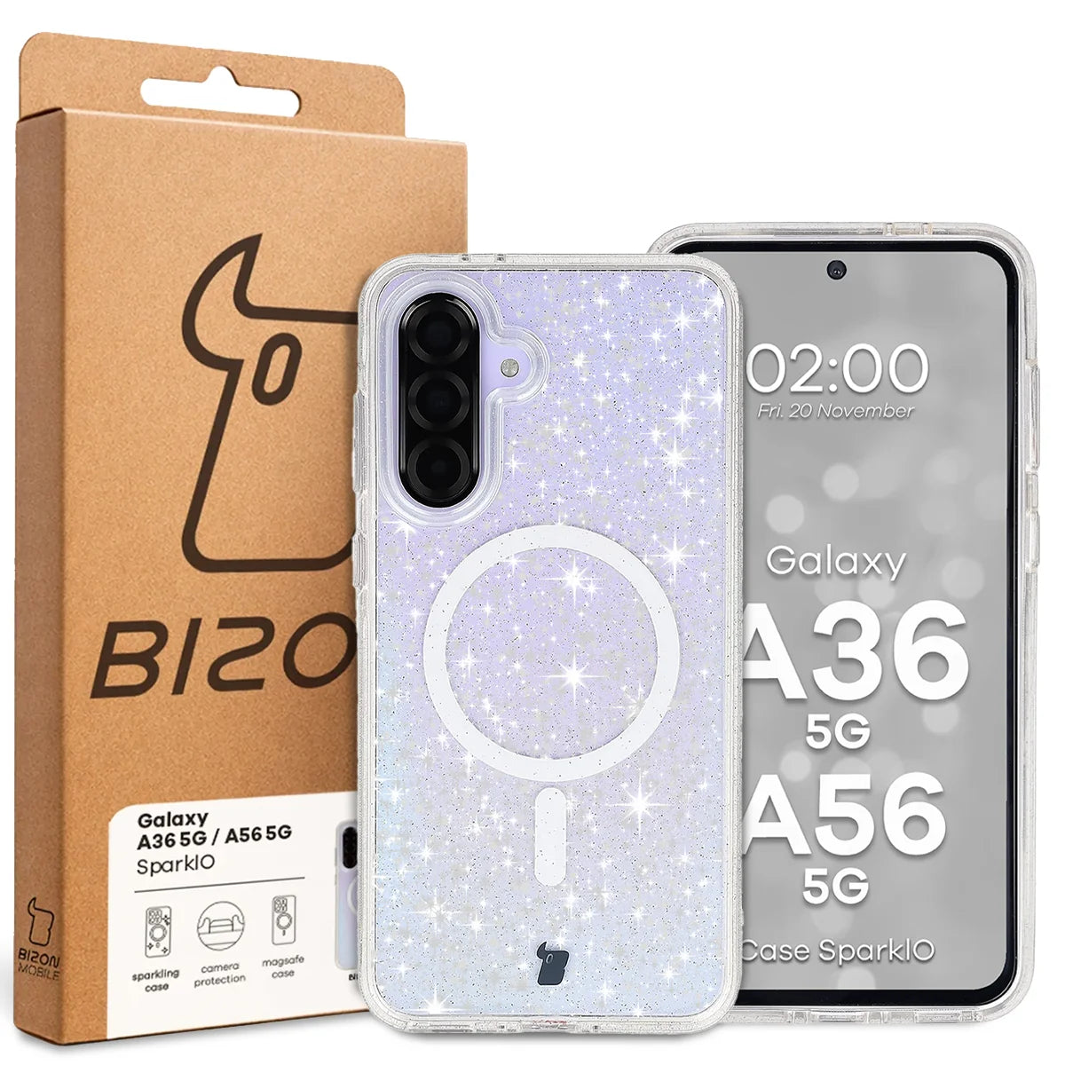 Glitzer Hülle mit Magnetring für Galaxy A36 5G / A56 5G, Bizon Case SparklO, Transparent mit Glitzer