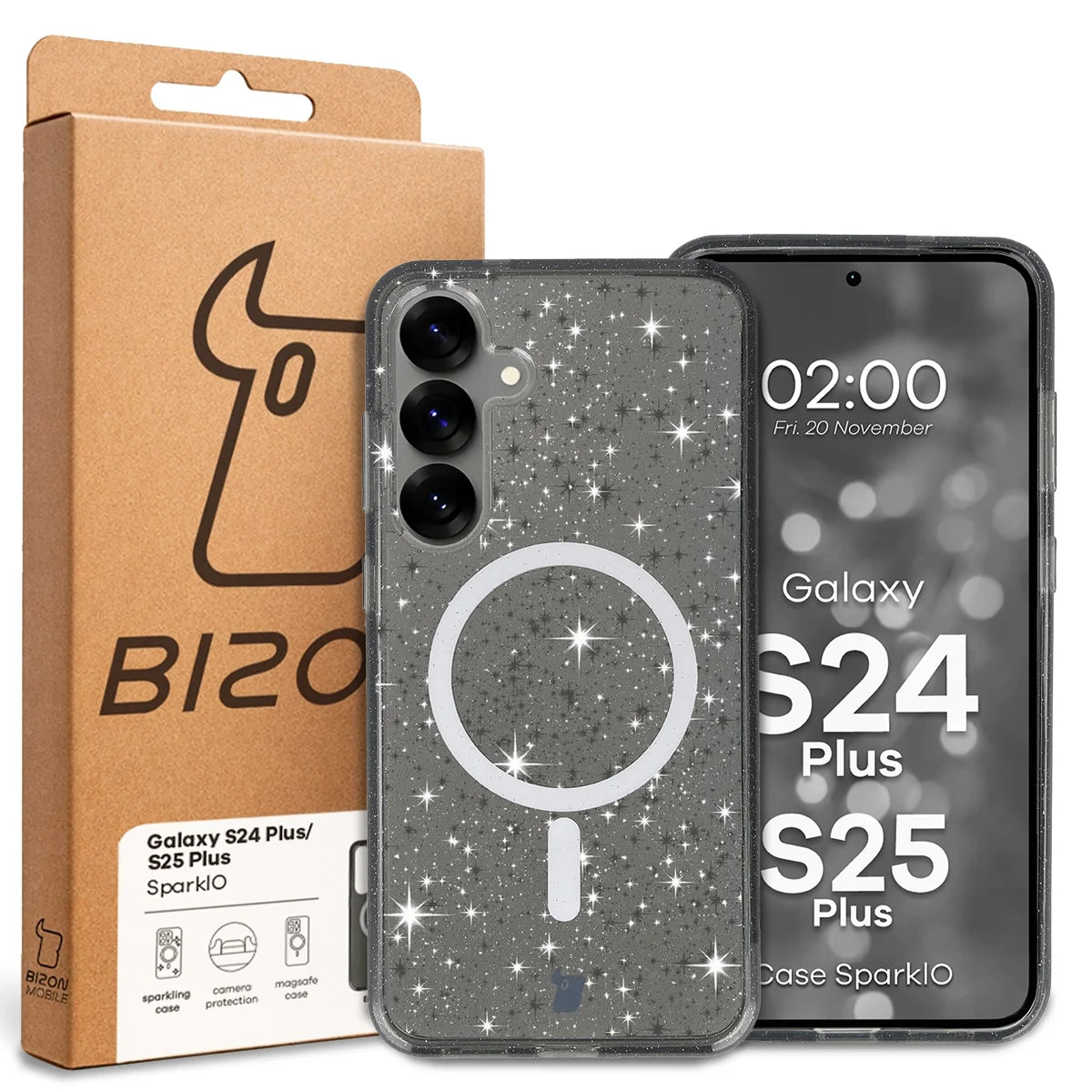 Glitzer Hülle mit Magnetring für Galaxy S25 Plus / S24 Plus, Bizon Case SparklO, Transparent-Schwarz mit Glitzer
