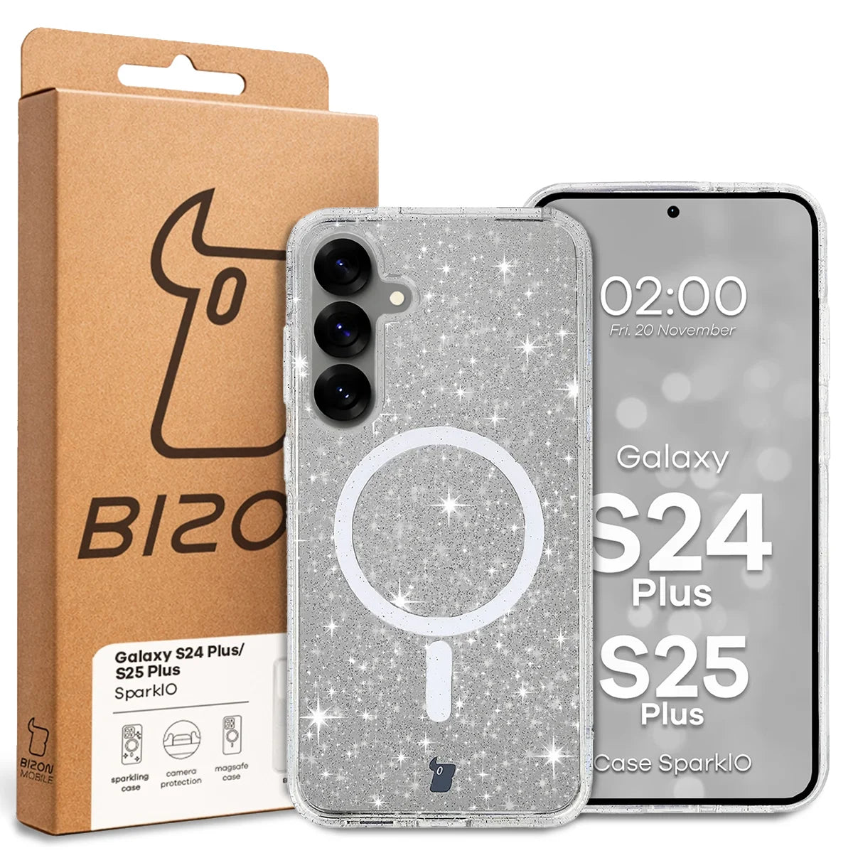 Glitzer Hülle mit Magnetring für Galaxy S25 Plus / S24 Plus, Bizon Case SparklO, Transparent mit Glitzer
