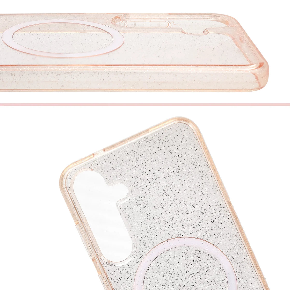 Glitzer Hülle mit Magnetring für Galaxy S25 Plus / S24 Plus, Bizon Case SparklO, Transparent-Hellorange mit Glitzer