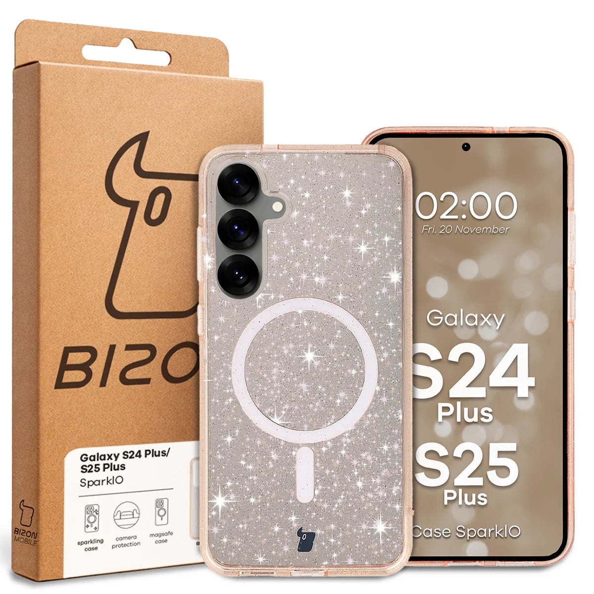 Glitzer Hülle mit Magnetring für Galaxy S25 Plus / S24 Plus, Bizon Case SparklO, Transparent-Hellorange mit Glitzer