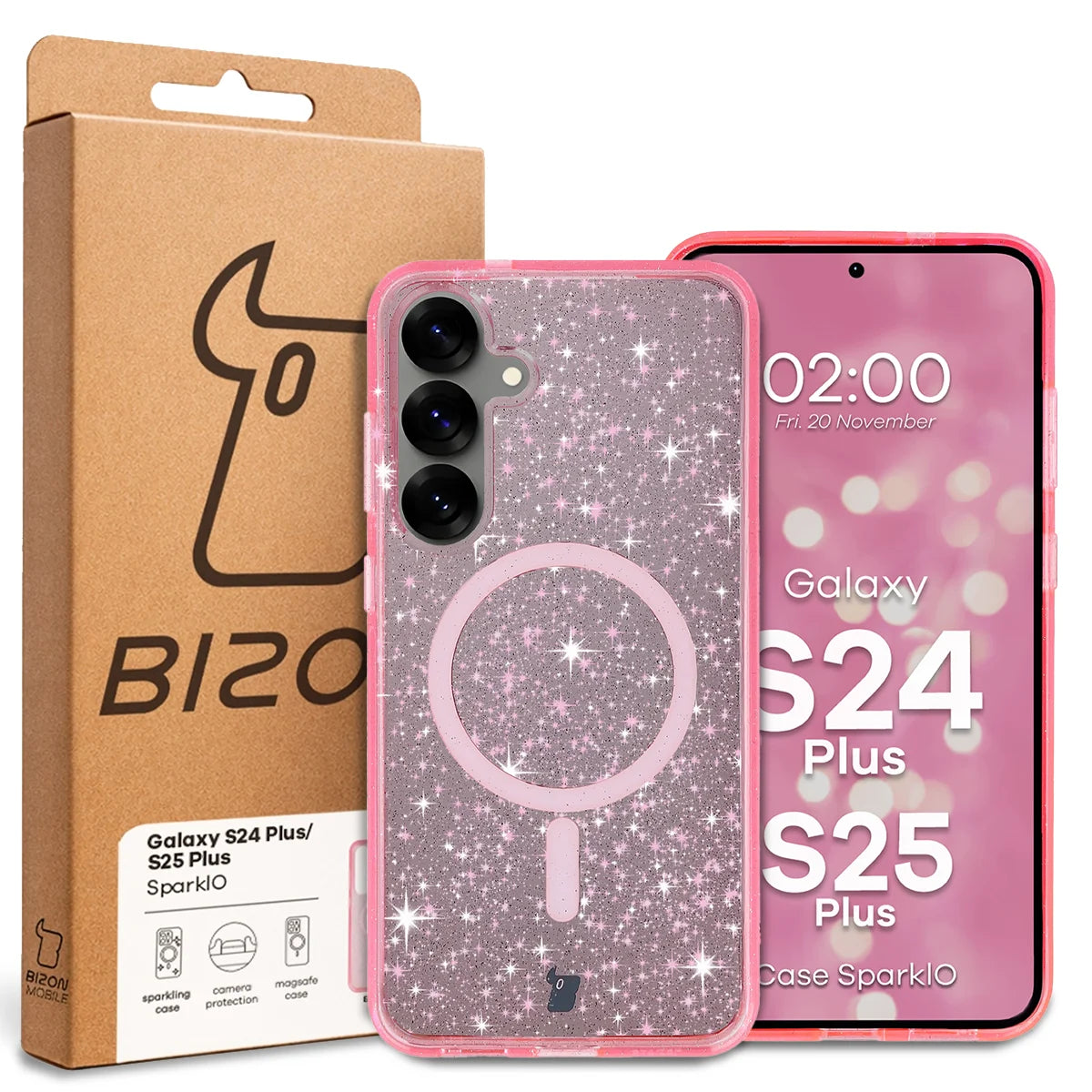 Glitzer Hülle mit Magnetring für Galaxy S25 Plus / S24 Plus, Bizon Case SparklO, Transparent-Rosa mit Glitzer