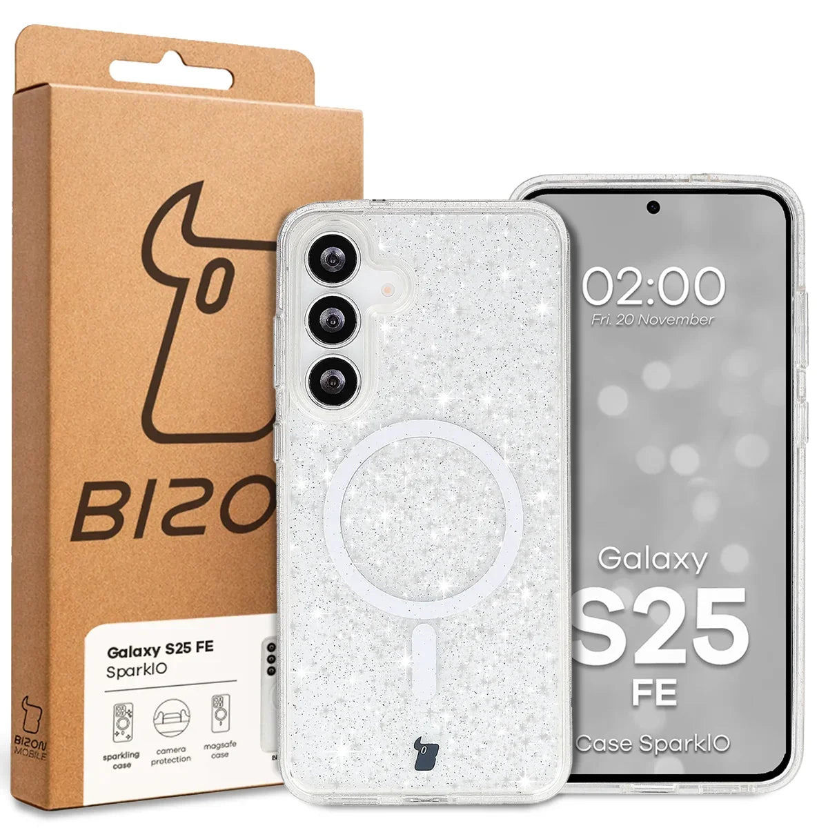 Glitzer Hülle mit Magnetring für Galaxy S25 FE, Bizon Case SparklO, Transparent mit Glitzer