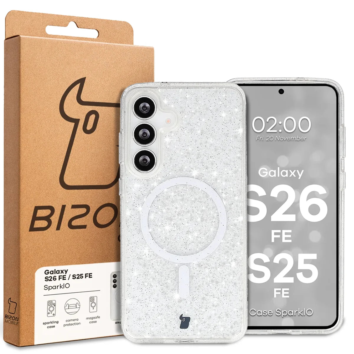 Glitzer Hülle mit Magnetring für Galaxy S26 FE / S25 FE, Bizon Case SparklO, Transparent mit Glitzer (6/6)