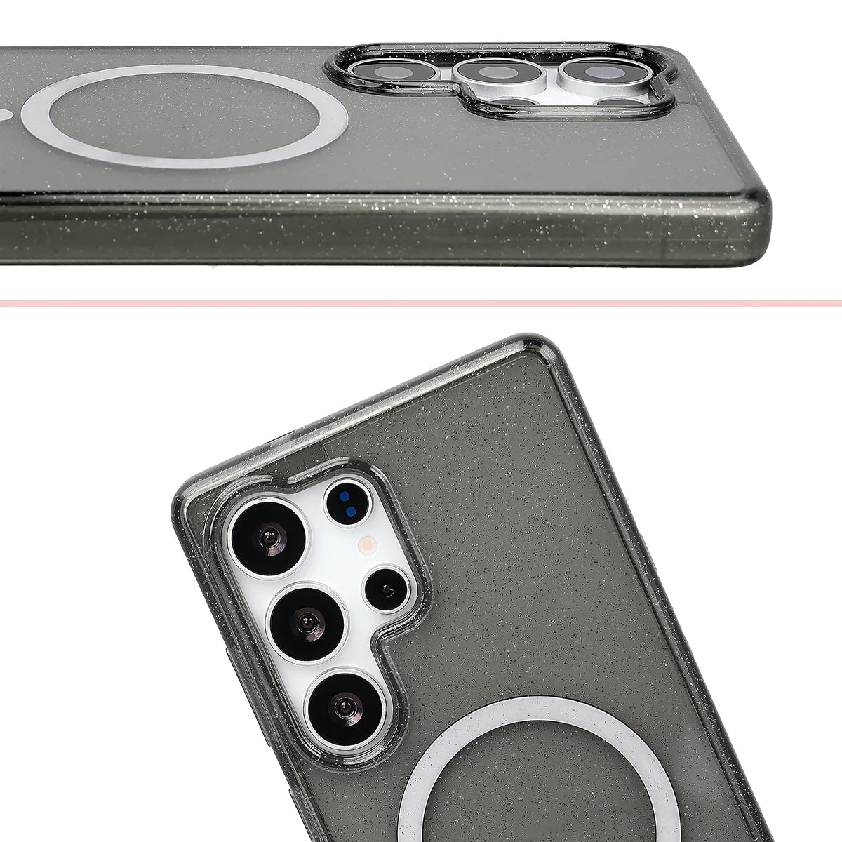 Glitzer Hülle mit Magnetring für Galaxy S25 Ultra, Bizon Case SparklO, Transparent-Schwarz mit Glitzer