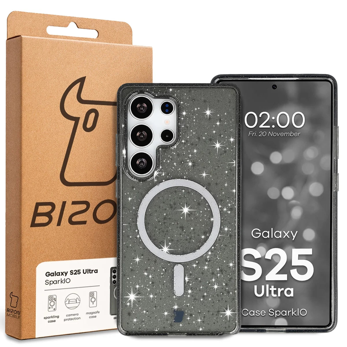 Glitzer Hülle mit Magnetring für Galaxy S25 Ultra, Bizon Case SparklO, Transparent-Schwarz mit Glitzer