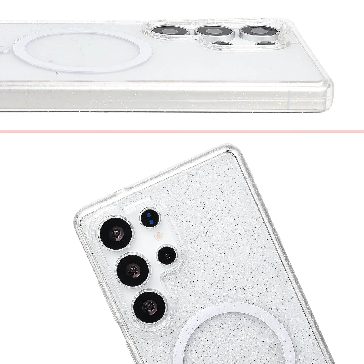 Glitzer Hülle mit Magnetring für Galaxy S25 Ultra, Bizon Case SparklO, Transparent mit Glitzer
