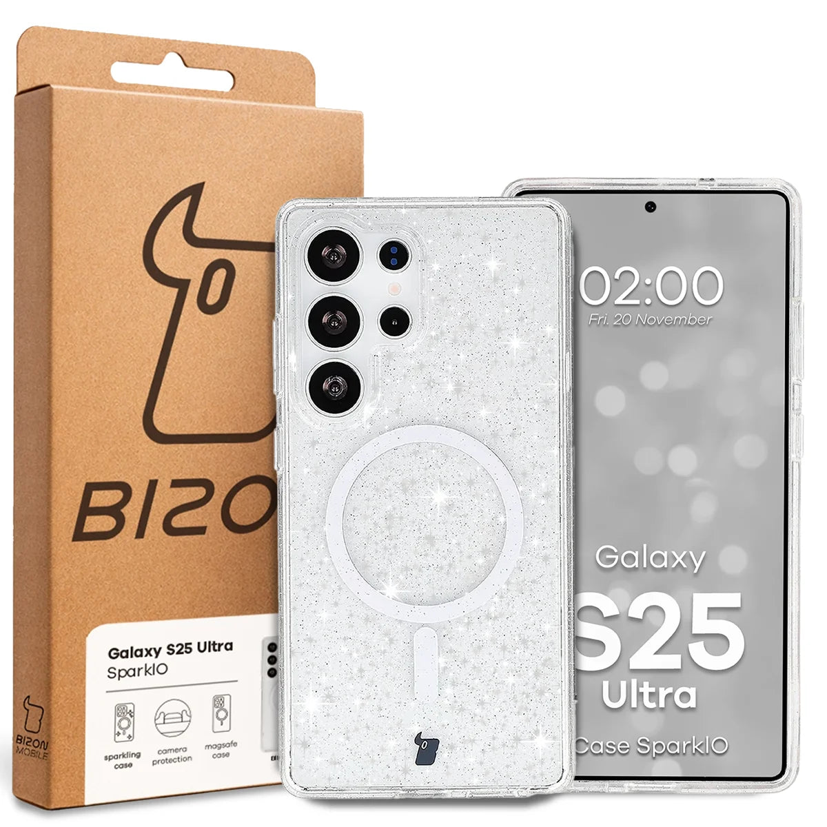 Glitzer Hülle mit Magnetring für Galaxy S25 Ultra, Bizon Case SparklO, Transparent mit Glitzer