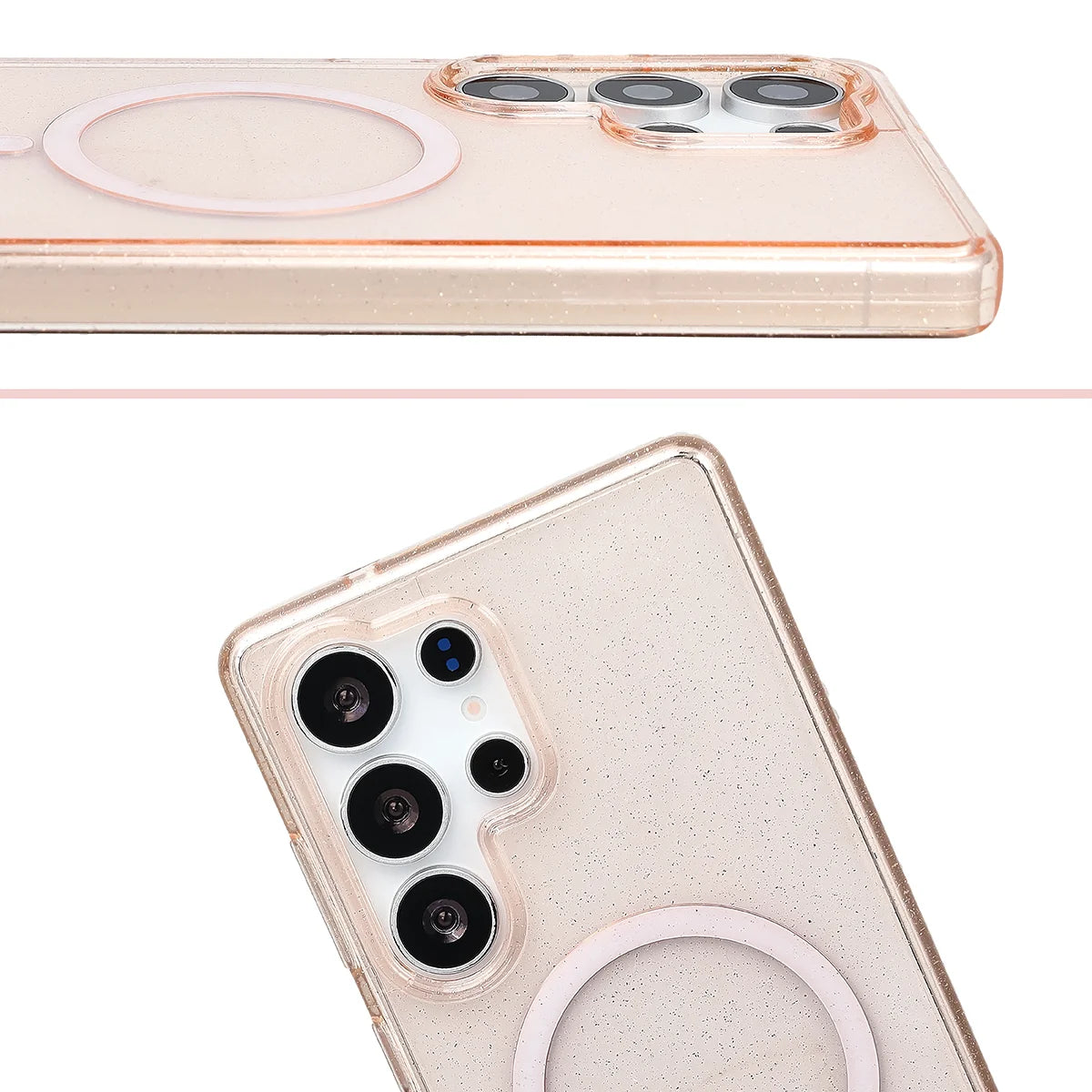 Glitzer Hülle mit Magnetring für Galaxy S25 Ultra, Bizon Case SparklO, Transparent-Hellorange mit Glitzer