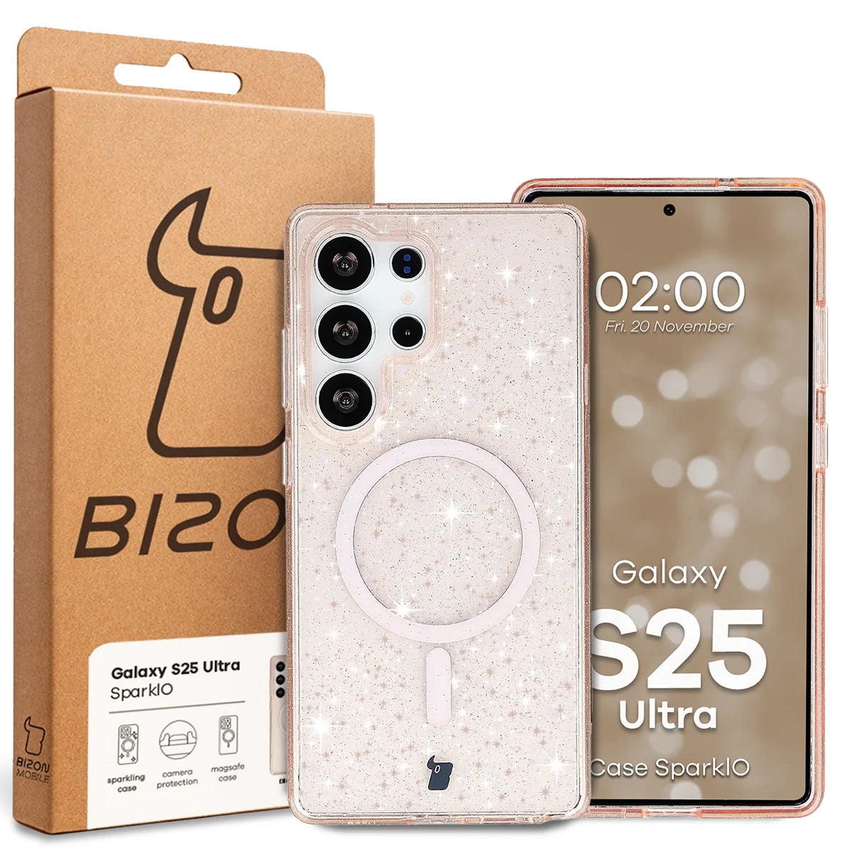 Glitzer Hülle mit Magnetring für Galaxy S25 Ultra, Bizon Case SparklO, Transparent-Hellorange mit Glitzer
