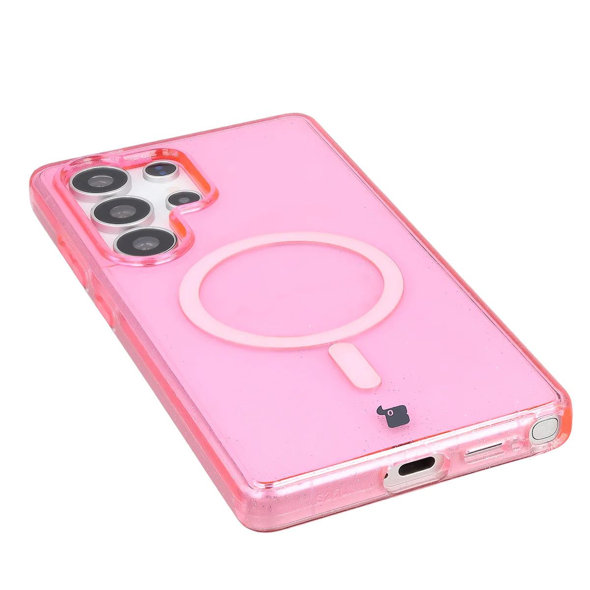Glitzer Hülle mit Magnetring für Galaxy S25 Ultra, Bizon Case SparklO, Transparent-Rosa mit Glitzer