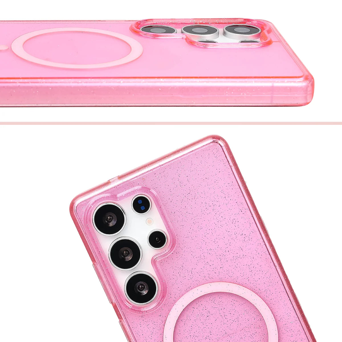 Glitzer Hülle mit Magnetring für Galaxy S25 Ultra, Bizon Case SparklO, Transparent-Rosa mit Glitzer