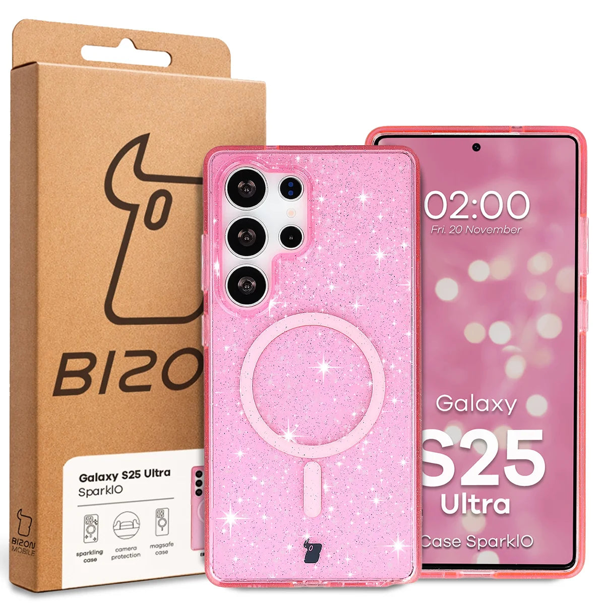 Glitzer Hülle mit Magnetring für Galaxy S25 Ultra, Bizon Case SparklO, Transparent-Rosa mit Glitzer