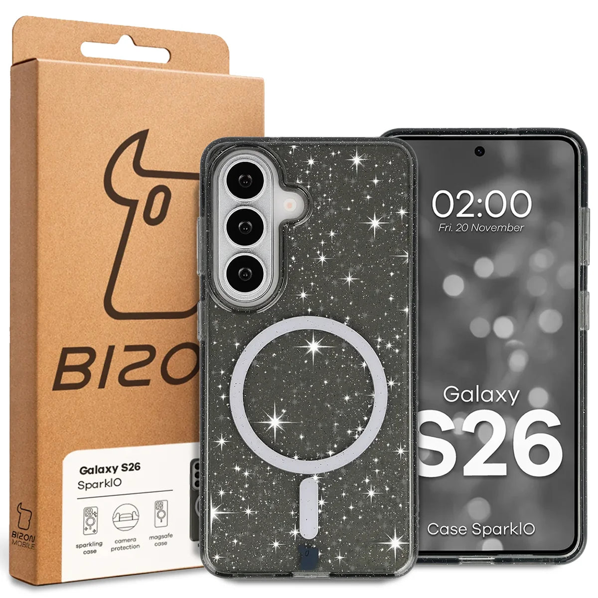 Glitzer Hülle mit Magnetring für Galaxy S26, Bizon Case SparklO, Transparent-Schwarz mit Glitzer
