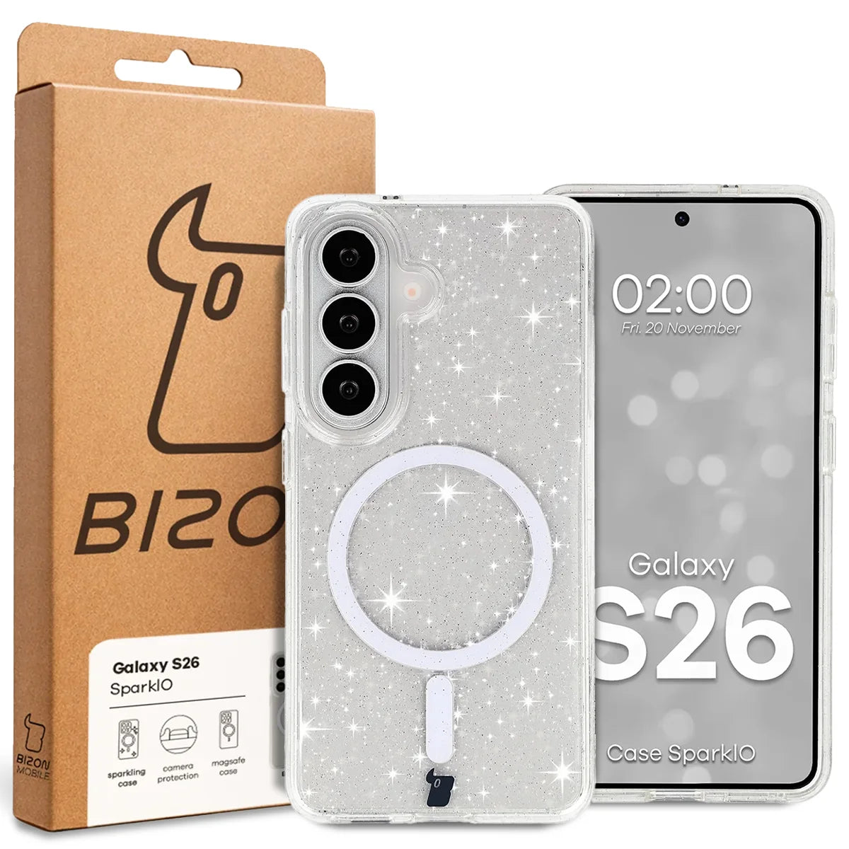 Glitzer Hülle mit Magnetring für Galaxy S26, Bizon Case SparklO, Transparent mit Glitzer