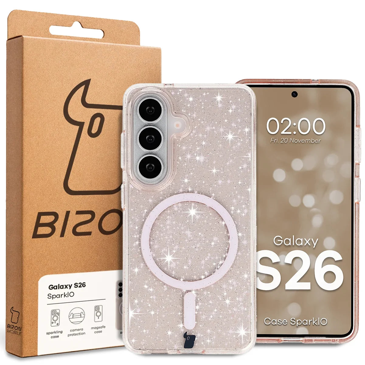 Glitzer Hülle mit Magnetring für Galaxy S26, Bizon Case SparklO, Transparent-Hellorange mit Glitzer