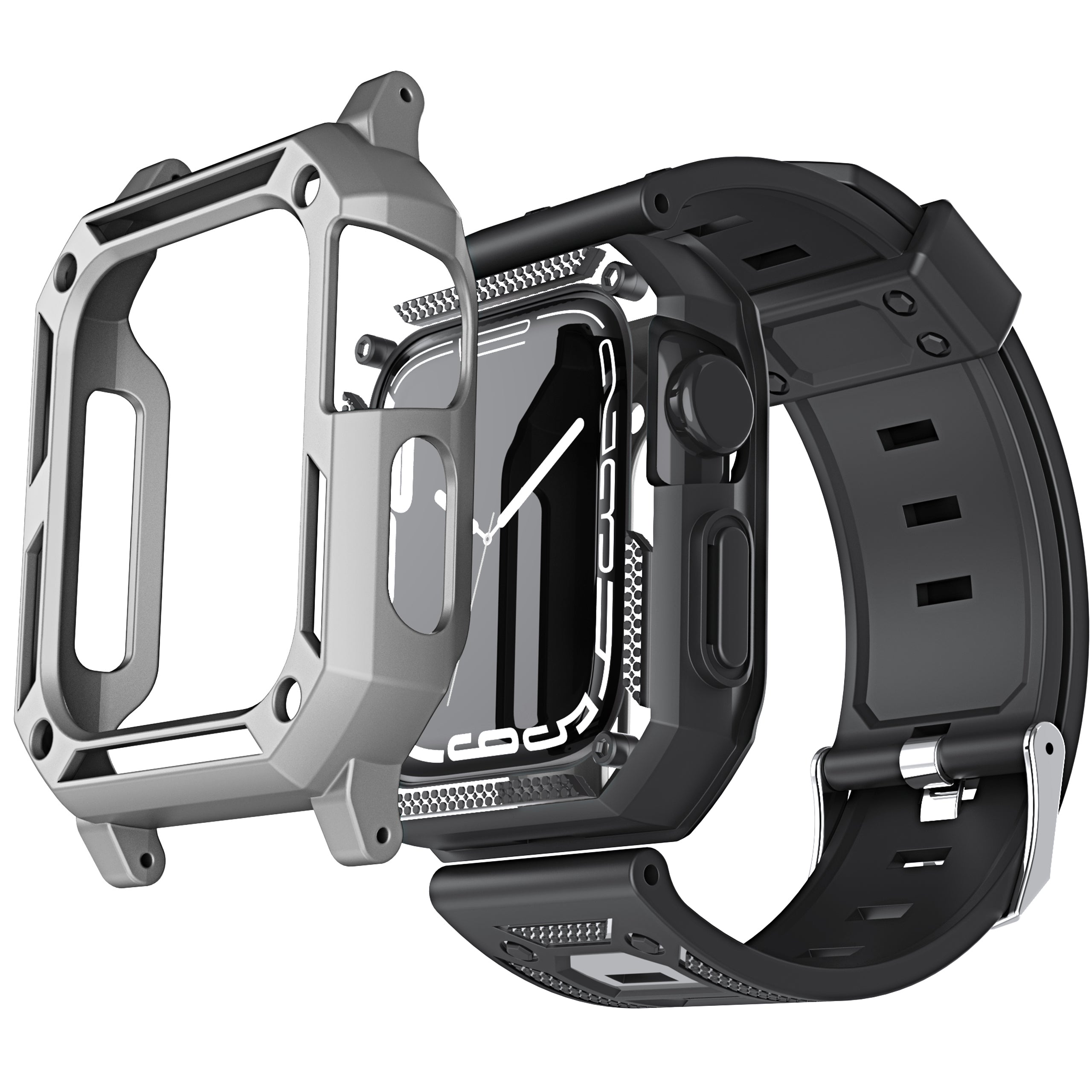 Schutzhülle mit Armband Bizon Strap + Case Watch Armor für Apple Watch 45/44 mm, Silbern