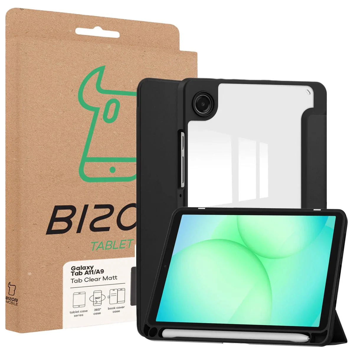 Schutzhülle mit Klappe für Galaxy Tab A11 / A9, Bizon Case Tab Clear Matt, Schwarz